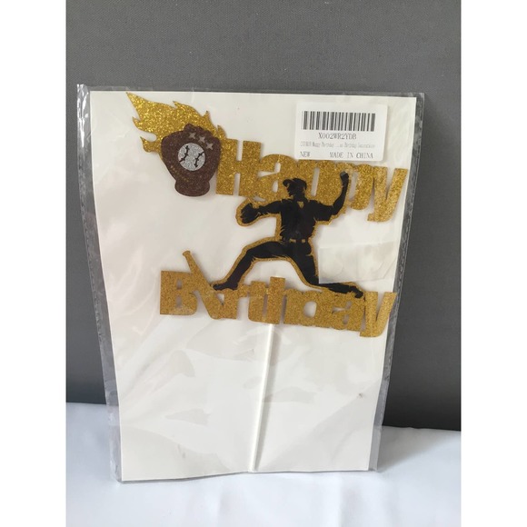 Baseball Theme Happy Birthday  Topper Decoration Black Gold Glitter NEW - Picture 3 of 3